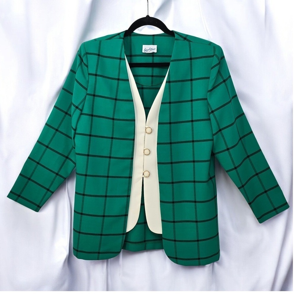 Good Times Vintage Green Plaid Layered Vest Front‎ Blazer Jacket 12P Made in USA